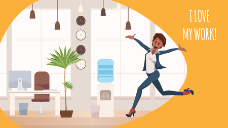 Thrilled Office Woman Jumping in Coworking Space. Excited Female Coworker Wearing Pantsuit Jump Up. Happy, Smiling Girl Character Celebrate Success. Cartoon Flat Vector Illustrationのイラスト素材
