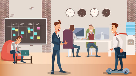 Office Group of Creative People Work Together. Modern Device in Coworking Center Laptop, Hover Board. Coworker in Casual and Formal Wear in Open Space Interior. Flat Cartoon Vector Illustrationのイラスト素材