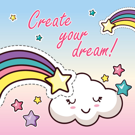 Create Your Dream Motivational Sticker Flat Card Template Vector Kawaii Product Illustration Childish Design Clothes Print Inspirational Banner Invitational Flyer Cloud with Stars Rainbow Letteringのイラスト素材