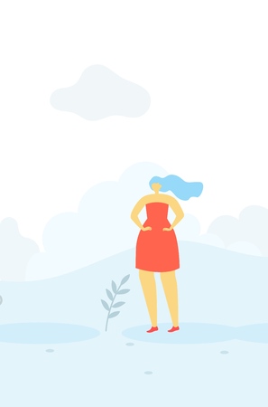 Pretty Cartoon Romantic Character Happy Calm Woman Banner Flat Template in Floral Style Girl with Long Wavy Hair Blown by Wind in Elegant Dress Standing Outdoors Vector Illustration for any Purposeのイラスト素材