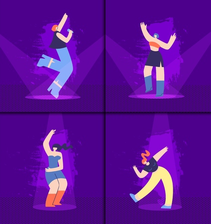 Flat Cartoon Vector Illustration Dancing and Karaoke Singing Girl in Nightclub Funny Discotheque Competition Disco Party Recreation under Music Lights on Stage Good Time Freedom Conceptのイラスト素材