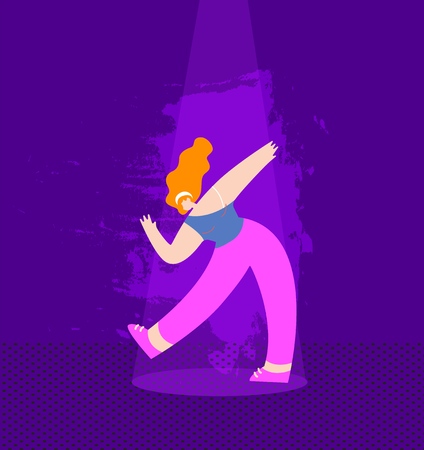 Beautiful Redheaded Girl Dancing under Music Lights on Discotheque Stage Disco Party Cartoon People Recreation Leisure Time Dance Marathon Fiesta Show Festival Competition Flat Vector Illustrationのイラスト素材