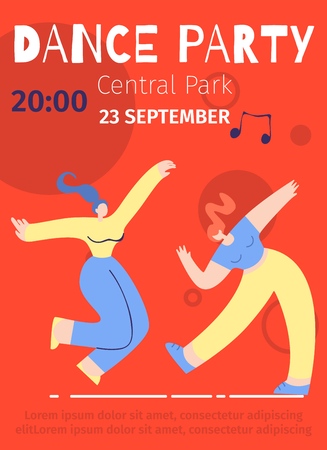 Dance Party in Central Park Flat Poster Music Festival Entertainment Vector Design Illustration Two Pretty Happy Women Dancing Disco Advertisement Design Event Banner Template Club Night Party Flyerのイラスト素材