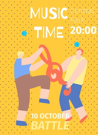 October Battle Invitation Flat Poster Music Time Concept Vector Illustration Cartoon Funny Guy Characters Fighting over Treble Clef Announcement Template Advertisement Banner Promotion Flyerのイラスト素材