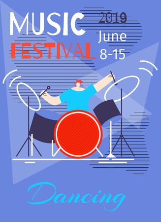 Music Dancing Festival Poster Flat Template Vector Illustration Cartoon Man Drummer Playing Instrument Blue Copy Space Party Time Concept Disco Marathon Dance Fest Advertising Promotion Brochureのイラスト素材