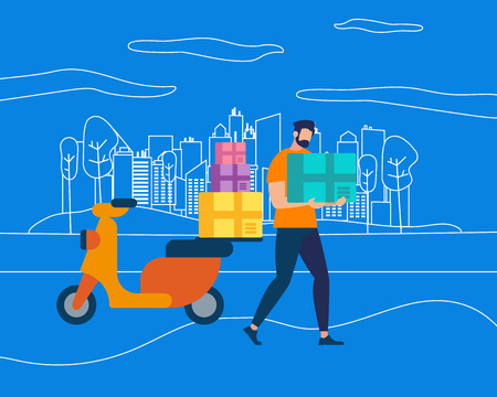 Character of Postman, Courier with Parcel on Motorbike Over Outline City View Landscape on Blue Background. Delivery Man on Scooter. Fast Transportation. Creative Cartoon Flat Vector Illustration,のイラスト素材
