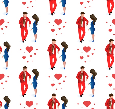 Love Couple Wedding Day Seamless Pattern Just Married Dating Celebrating Vector Illustration. Valentine Day Heart Passion Background. Romantic Character Greeting Bouquet. Romance People Relationshipのイラスト素材