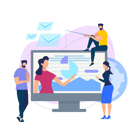 People Listen Woman on Huge Screen with Graphs. Business Training Event. Remote Corporate Teaching Meeting. Online Webinar. Web Conference Employee Training Session. Cartoon Flat Vector Illustration.のイラスト素材