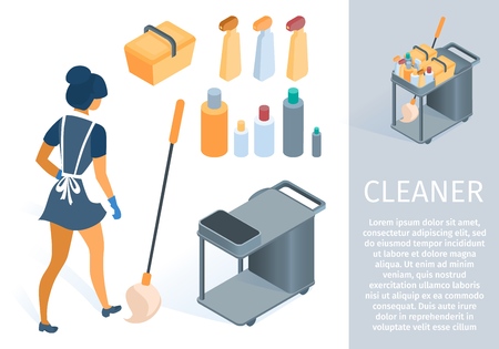 Woman Cleaner with Cleaning Trolley Mop Household Supplies Equipment Tools Vector Isometric Illustration. Maid in Uniform Cartoon Character. Professional Cleaning Service Staff with Janitor Cartのイラスト素材