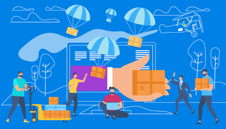 Big Hand Gives Box Through Monitor. People Characters Internet Shopping . Parachutes Express Delivery. Online Application. E-commerce Sales, Digital Technology Systems Cartoon Flat vector illustrationのイラスト素材