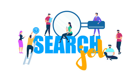 Tiny People Characters Around of Big Blue and Yellow Words Search Job Isolated on White Background. Young Men and Women with Magnifier, Gadgets, Laptop. Climbing Guy. Cartoon Flat Vector Illustration.のイラスト素材