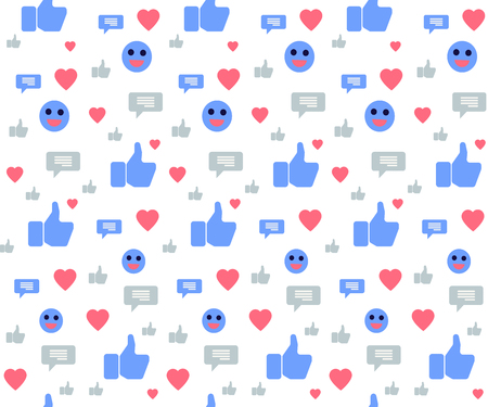 Seamless Pattern with Social Media Icons. Hand with Thumb Pointing Up, Like, Heart, Smile, Bubble Speech Signs on White Background. Blue, Red and Gray Colors Palette. Cartoon Flat Vector Illustrationのイラスト素材