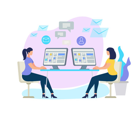 Young Women Characters Sitting at Desks with Computer Monitors and Chatting in Cyberspace. Communication Signs and Icons. Social Media Networking, Internet Account. Cartoon Flat Vector Illustrationのイラスト素材