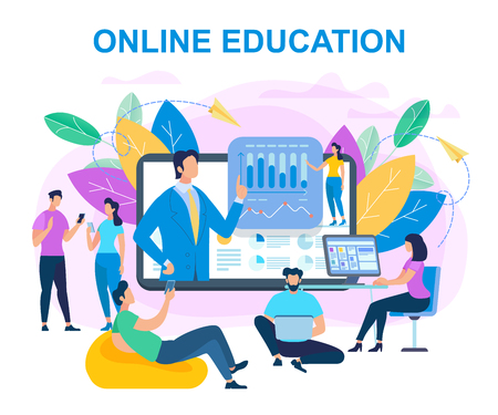 Group of People Sit Around of Big Monitor and Watch Webinar. Students Learn Distance Using Internet Technology. Online Education, Teacher Speak at Computer Desktop. Cartoon Flat Vector Illustrationのイラスト素材