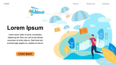 Horizontal Banner with Copy Space. Man Character Ordered Express Delivery. Parachutes Falling Down with Parcels on Colorful Nature Background. Express Postal Service Cartoon Flat Vector Illustrationのイラスト素材