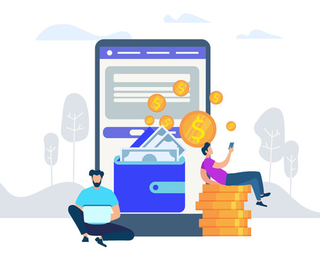 Two Men Characters Sitting at Huge Smartphone Screen and Wallet with Banknotes Using Gadgets, Guy Lounging on Golden Pile of Dollar Coins Pile at Nature Background. Cartoon Flat Vector Illustration.のイラスト素材