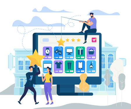 Man with Fishing Rod Catch Golden Star and Put it on Computer Monitor with Opened Web Online Store Application. Businessman Hold Star in Hands, Woman Using Smartphone Cartoon Flat Vector Illustrationのイラスト素材