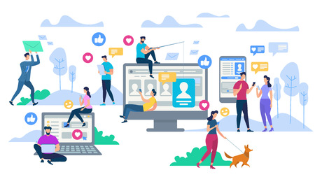 Young People Using Gadgets, Computers and Mobile Smartphone for Texting and Leaving Comments in Social Networks. Speech Bubbles. Men and Women Moving at Big Monitors Cartoon Flat Vector Illustrationのイラスト素材