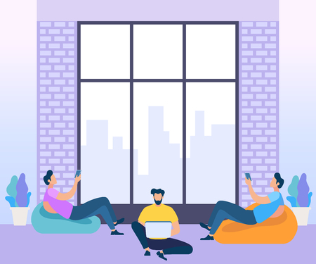 Concept of Coworking Center. Business Meeting. Shared Working Environment. People Talking and Working at Computers and Gadgets in Open Space Office. Cartoon Flat Vector Illustration Design Styleのイラスト素材