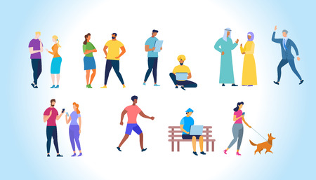 Multiracial and International People Characters Communicating Isolated on Blue and White Gradient Background. Men and Women of Different Ages, Religious and Culture. Cartoon Flat Vector Illustration.のイラスト素材