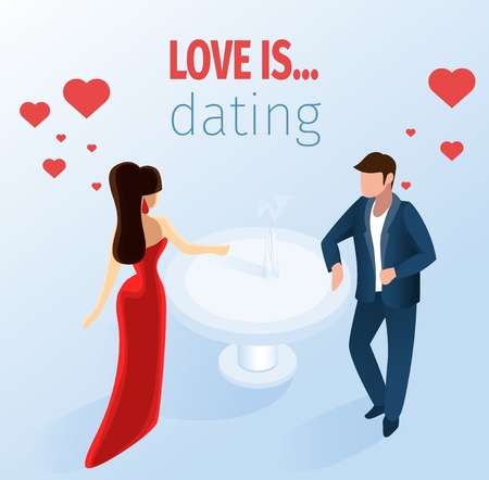 Attractive Couple Dating Restaurant Table Vector Isometric Illustration. Beautiful Woman Handsome Man Table Anniversary Valentines Day Holiday Celebration Concept. Husband Wife Family Romantic Dinnerのイラスト素材