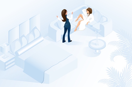Hotel Female Manager Welcome Client at Modern Room Vector Isometric Illustration. Lady in White Bathrobe Relaxing on Sofa Comfortable Cozy Resort Hotel Apartment Bed Table Furniture Interiorのイラスト素材