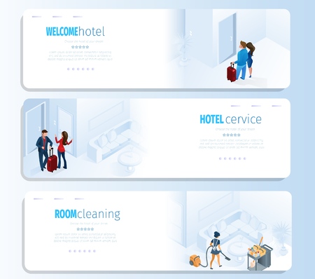 Hotel Booking Find Room Cleaning Service for Travel Banners Set Vector Illustration. Welcome Guest Comfortable all Inclusive Appartment. Tourism and Business Interface for Social Media Landing Pageのイラスト素材