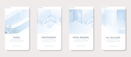 Hotel Services for Vacation Banners Set Vector Illustration. Modern Tourism, Travel and Business Interface for Social Media Landing Page Template. Comfortable Room Booking Reservation Isometric.のイラスト素材