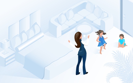 Woman with Children in Comfortable Cozy Modern Room Vector Isometric Illustration. Hotel Assistant Manager Entertain Kids in Apartment. Family Hotel Child Friendly Hospitality Concept.のイラスト素材