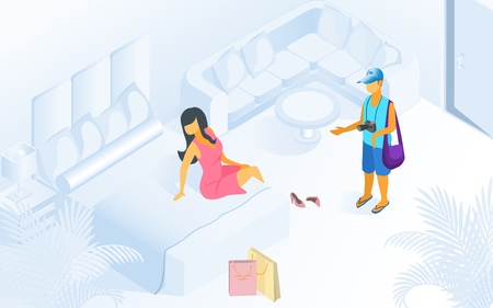 Woman on Bed Man Waiting at Modern Room Vector Isometric Illustration. Female Resting after Shopping in Bedroom. Family Vacation Holiday Trip Comfortable Cozy Apartment Resort Hotelのイラスト素材
