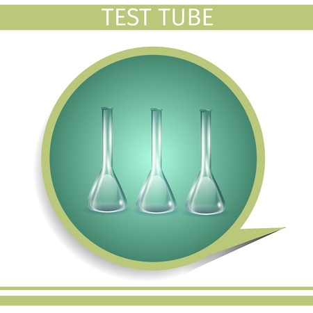 Set of Test Tubes inside of Green Round Gradient Icon. Laboratory Transparent Glassware Equipment for Chemical Lab. Glass Beakers, Clear Flasks. Vector Realistic Illustration. Medical Accessory Bannerのイラスト素材