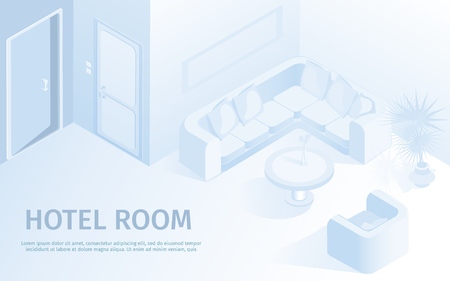 Comfortable Hotel Room Modern Interior Vector Isometric Illustration. Contemporary Luxury Apartment with Sofa Render Resort Vacation Business Trip Tourism Booking Online Service Websiteのイラスト素材