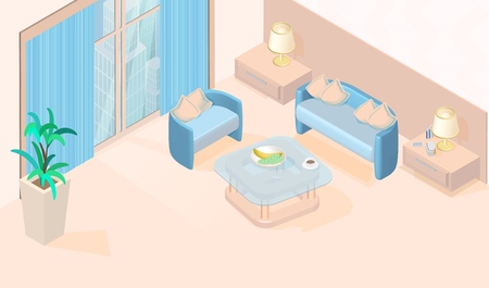 Cozy Modern Minimal Living Room with large Window, Table, Sofa with Cushions, Armchairs, Lamp, Plant Vector Isometric Illustration. Inside Hotel Room Apartment Furniture Simple Interiorのイラスト素材