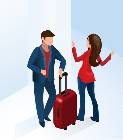 Hotel Reception Woman Receptionist Welcome Tourist with Suitcase Modern Hotel Lobby Vector Isometric Illustration. Vacation Business Trip Travel Room Reservation Service Assistant Manager Helpのイラスト素材