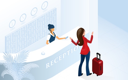 Hotel Reception Woman Receptionist at Counter give Electrinic Key Vector Isometric Illustration. Woman Tourist with Suitcase Arriving at Modern Hotel Lobby. Vacation Travel Room Reservation Serviceのイラスト素材