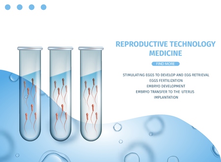 Reproductive Technology Medicine Banner. Sperm Cells In Test Tubes. Active Spermatozoons Prepared for In Vitro Fertilization. Vector Realistic Illustration, Blue and White Background with Copy Space.のイラスト素材