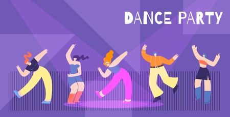 Motivation Dance Party Flat Card Dancing People Having Fun Clubbing under Disco Lights on Stage Cartoon Vector Illustration Banner Template Inspiration Best Choice for Night Event Conceptのイラスト素材