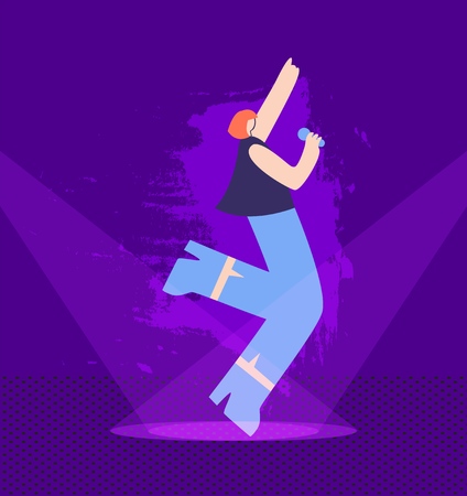 Pretty Cartoon Girl Singing Lovely Song on Illuminated Night Stage Flat Vector Design Illustration Karaoke Party Music Festival Grand Live Concert Solo Vocalist Nightlife Entertainment Conceptのイラスト素材