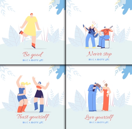 People Motivation Card with Wise Thoughts Trust Love Believe Set of Vector Cartoon Illustration Happy Dancing Girls Playing Music Men over Floral Space Inspirational Flat Banner Template Print Designのイラスト素材