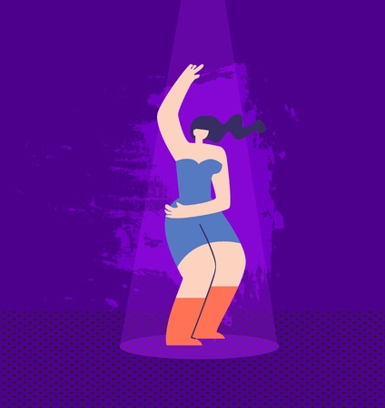 Beautiful Cartoon Disco Woman in Casual Clothes Dancing on Nightclub Stage Sensual Movements of Pretty Girl in Rays of Music Lights Vector Flat Illustration Dance Festival Marathon Nightlife Conceptのイラスト素材