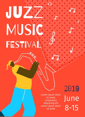 Jazz Music Festival Poster Flat Invitation Advertising Banner Template Vector Illustration Cartoon Afro-American Jazzman Playing Saxophone Red Copy Space Live Concert Flyer Promo Event Brochureのイラスト素材