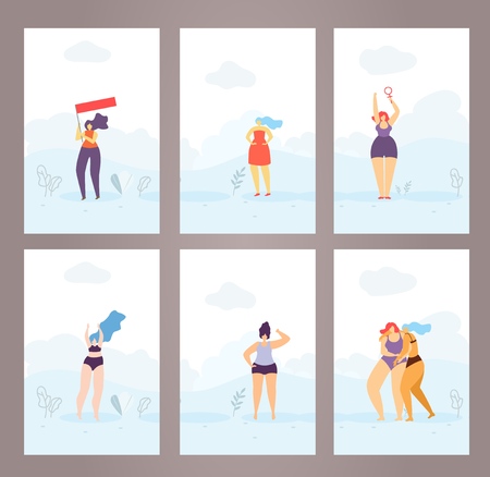 Woman Cards Pages Notebook Covers Set Feminist Flat Vector Style Designed Cartoon Girl Trendy Outfit Character Motivate Color Fashion Illustration for any Purpose Vertical Banner Copy Space Templateのイラスト素材