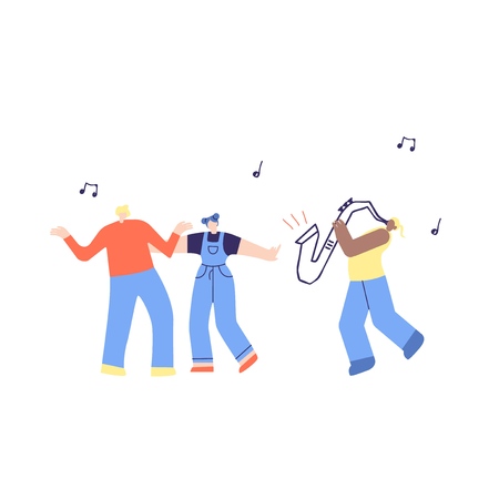 Dancing Music People, African American Saxophone Player. Man Woman Admire Moving Jazz Music Fans Crowd, Musician Performing on Stage. Cartoon Jazz Party Music Festival Flat Vector Illustrationのイラスト素材