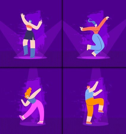 Disco People Music Festival Colorful Flat Cartoon Set Dancing Man Woman Having Fun Enjoying Holidays Free Time Rest Recreation Nightclub Party Vector Illustration Positive Emotion and Leisure Conceptのイラスト素材