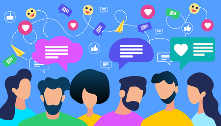 Communicating People Crowd with Speech Bubble and Social Media Icons on Blue Background. Young...