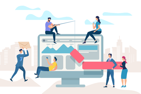 Little People Move at Huge Monitor. Work Meeting Improve Business Process. Manager Analyze Information, Man Draw Bar Graph on Monitor. Team do Optimisation Brainstorm. Cartoon Flat Vector Illustrationのイラスト素材