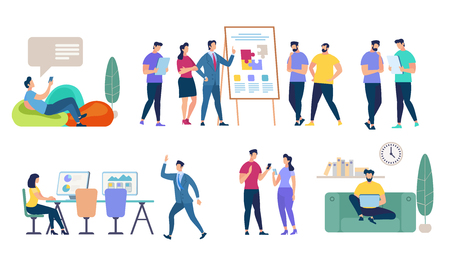 Characters Set Isolated on White Background. Business Seminar, Speaker Doing Presentation. Teamworking, Lounging Man, Girl Work on Computer, Comminicating People Cartoon Flat Vector Illustration.のイラスト素材