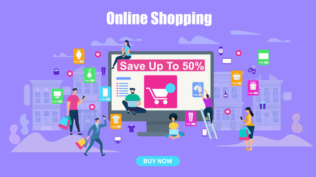 People Characters with Gadgets and Bags Standing and Moving at Giant Monitor with Save Up to 50 Percent Text on Screen. Big Sale. Online Shopping, Internet Discount. Cartoon Flat Vector Illustrationのイラスト素材