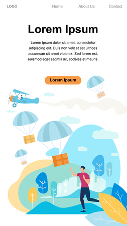 Vertical Banner with Copy Space. Young Man Character Run and Catch Parcel Box Falling Down with Parachute from Sky. Transportation Shipping Package, Air Mail Delivery. Cartoon Flat Vector Illustrationのイラスト素材