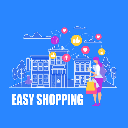 Easy Shopping. Young Woman Stand with Shop Paper Bags Making Online Purchase Via Smartphone on Blue Background with Outline Strore Building. Sale, Gadget, Consumerism Cartoon Flat Vector Illustrationのイラスト素材